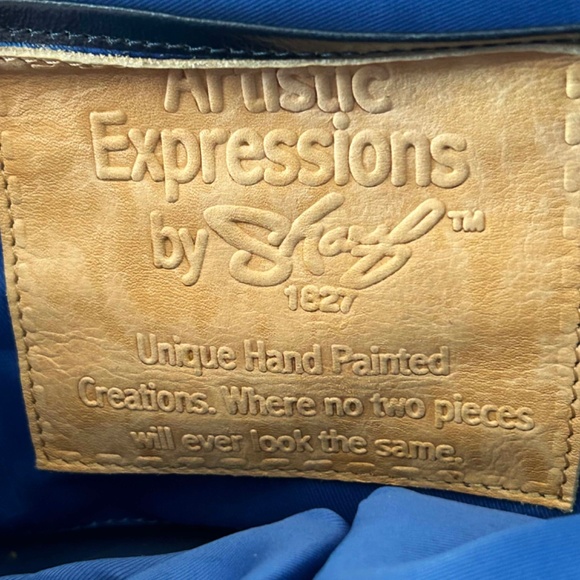 SATCHEL, LEATHER HANDPAINTED MULTICOLOUR PARROTS, TOP DOUBLE ZIP CLOSURE, REMOVA - Picture 4 of 14